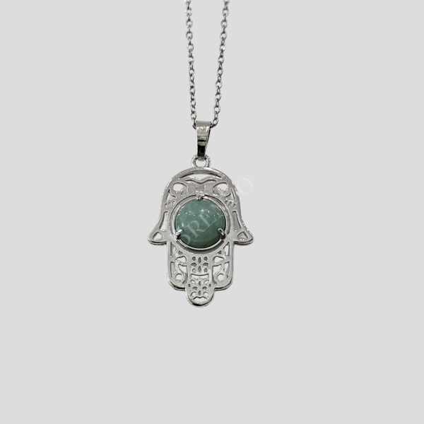 Colar mão de fátima com quartzo verde